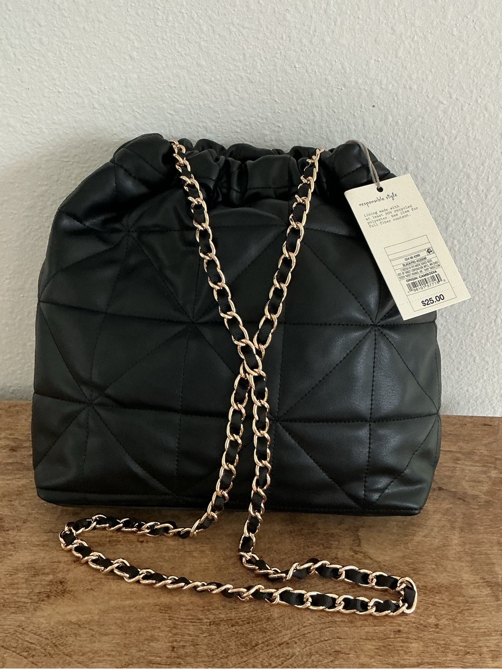 a new day Black Quilted Drawstring Crossbody with Gold Chain